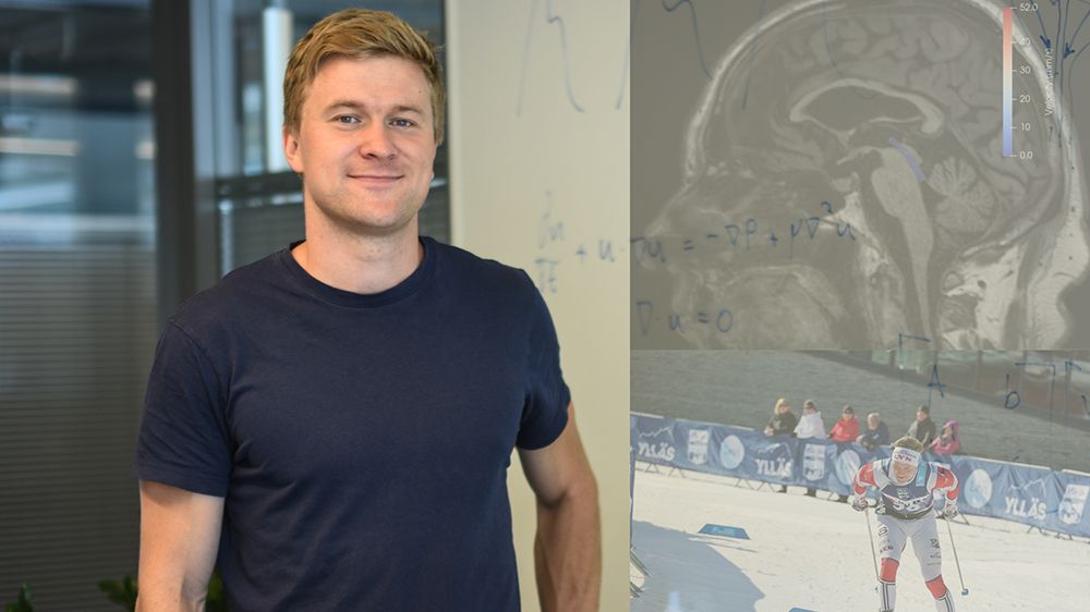 Bilde av Vegard foran en tavle. Dobbelekspnering av en MR-scan av en hjerne, samt av Vegard i langrennssporet. 