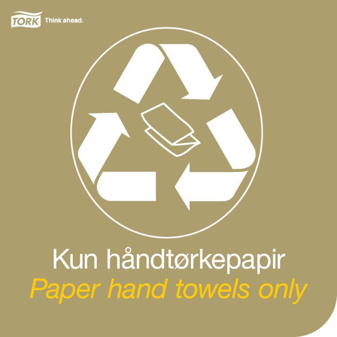 Illustrasjon. Resirkuleringssymbol. Tekst: Kun håndtørkepapir.
