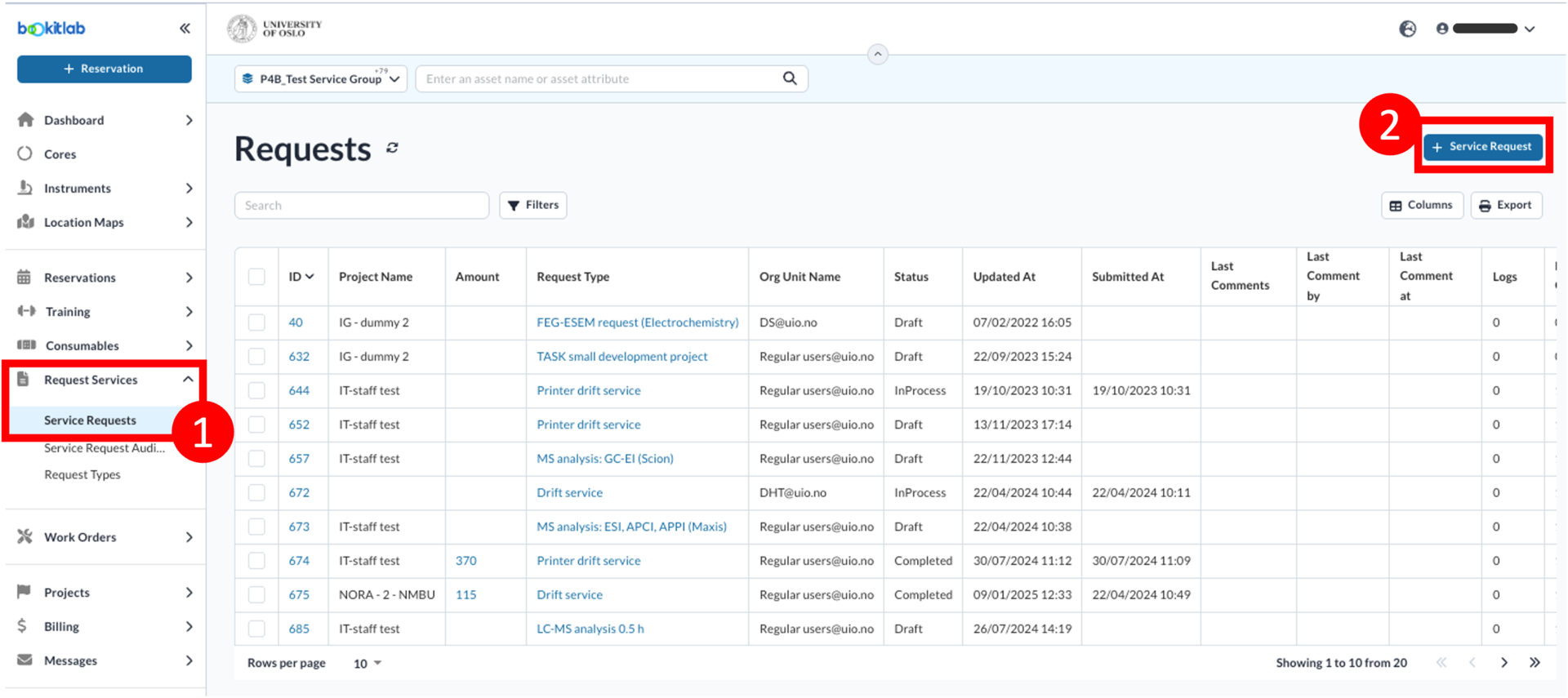 Request services main menu and service requests submenu selected in the navigation menu (Step 1), and the Requests page displayed in the main content area. Add Service Request button at the top right in the main content area is marked (step 2)