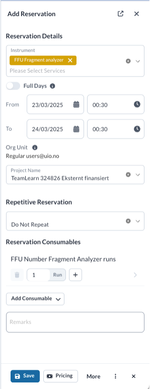 The reservation panel displays, from top to bottom, the selected instruments, from-to date and time fields, project name, and other fields depending on the instrument's settings. At the bottom, there are Save, Pricing, and More buttons.