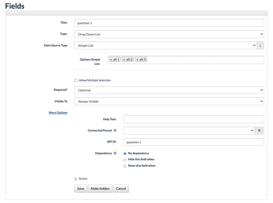 Shows the Fields section in edit mode. From top: Title, Type, Data Source Type, Required, Visible to. Details under More Options: Help Text, Connected Parent, API ID, and dependency.