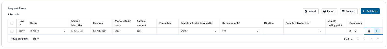 Example of Request Lines displayed on a form in use. The table has columns created in this step as well as standard columns. Some columns have a dropdown arrow for selection lists, others have short text.