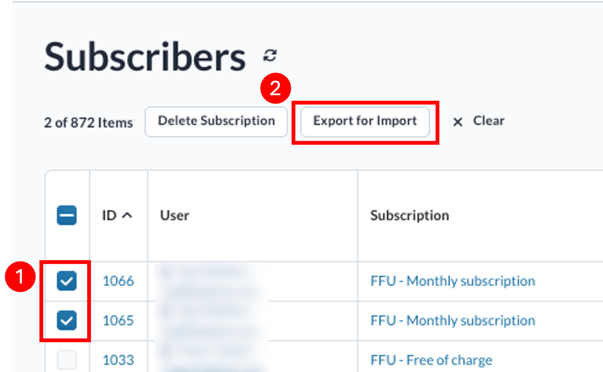 Subscribers tabell har to første radene avhuket. Da duker opp to knapper ovenfor tabellen, slett abonnent og eksport for import.