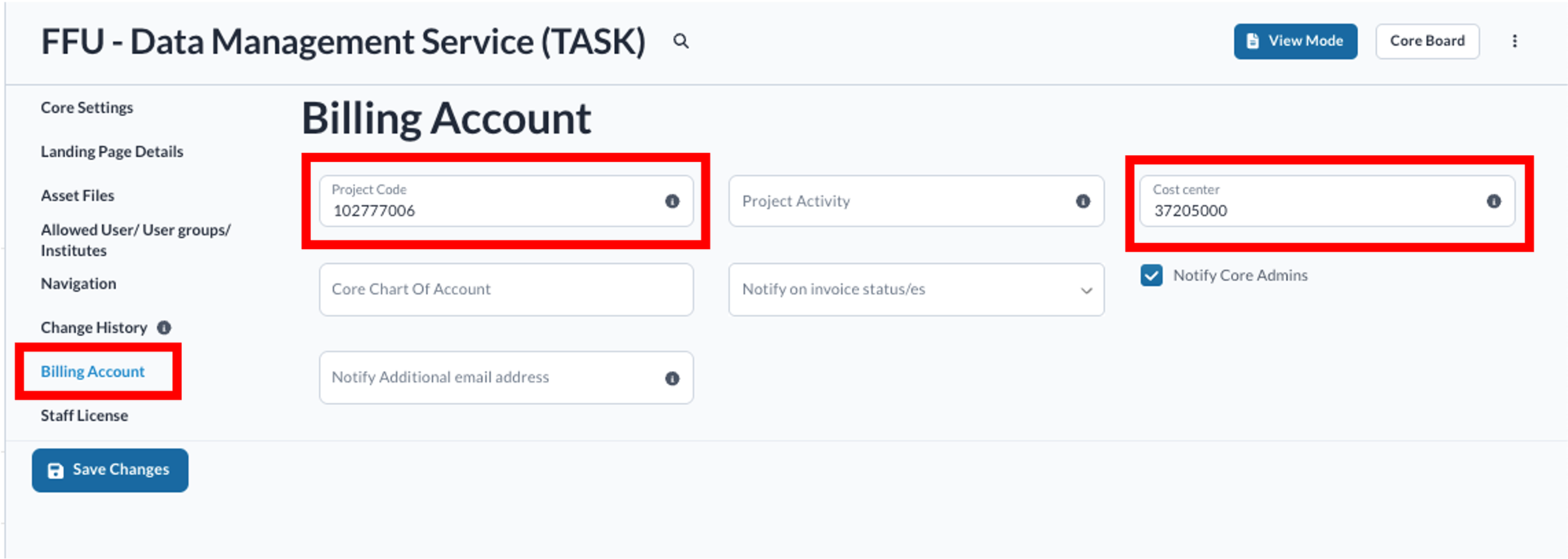 Screenshot of BookitLab UiO, editing page for a core, on the 'billing account' tab, marked with a red box around the 'project code' field and 'cost center' field.