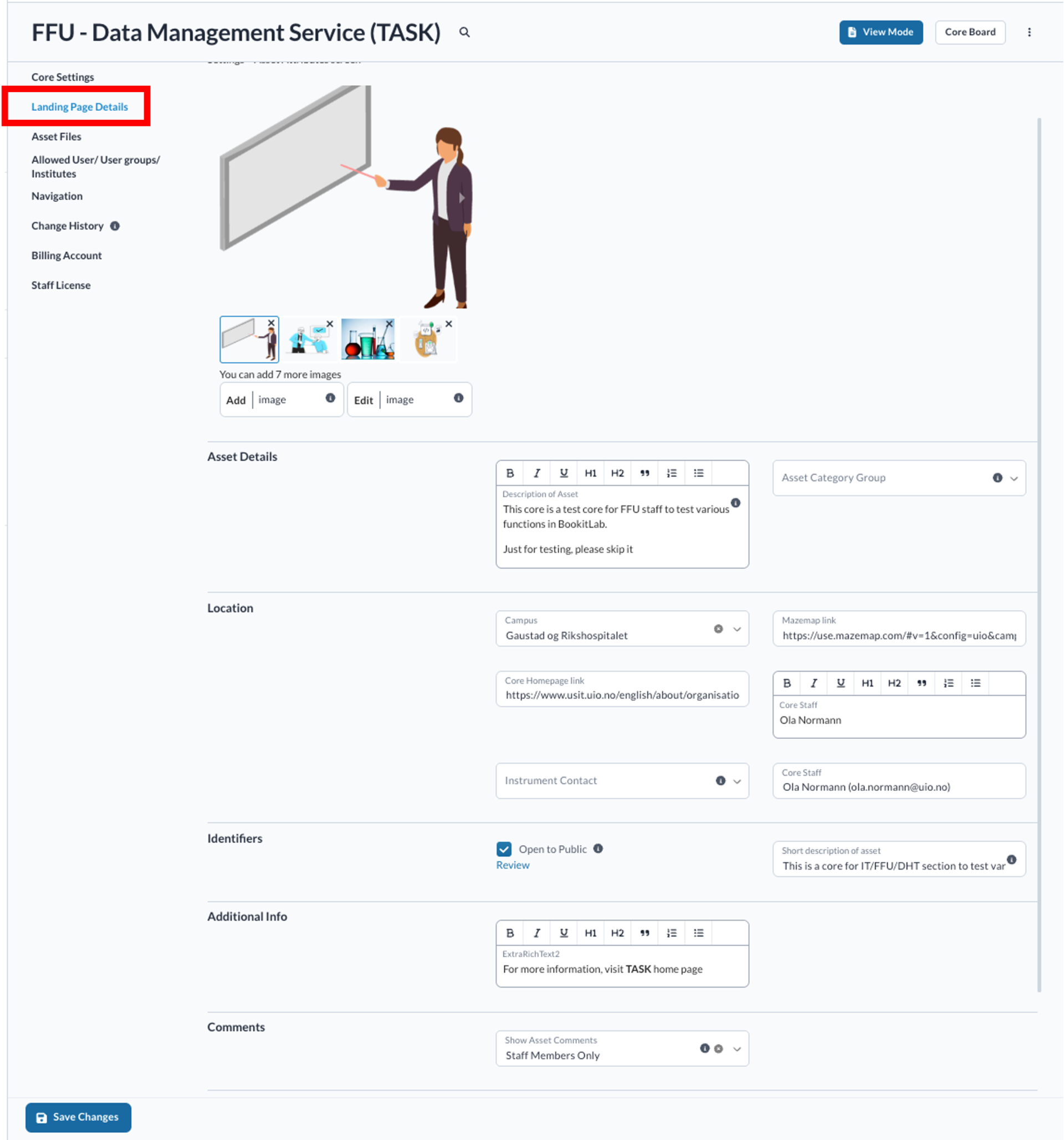 Screenshot of the 'Landing Page Details' tab. Two 'CORE STAFF' fields are marked with green boxes and the 'OPEN TO PUBLIC' field is marked with a red box.