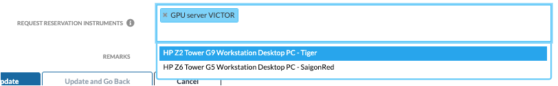 The request reservation instruments field shows a selected instrument along with several instruments in the list that can be chosen.