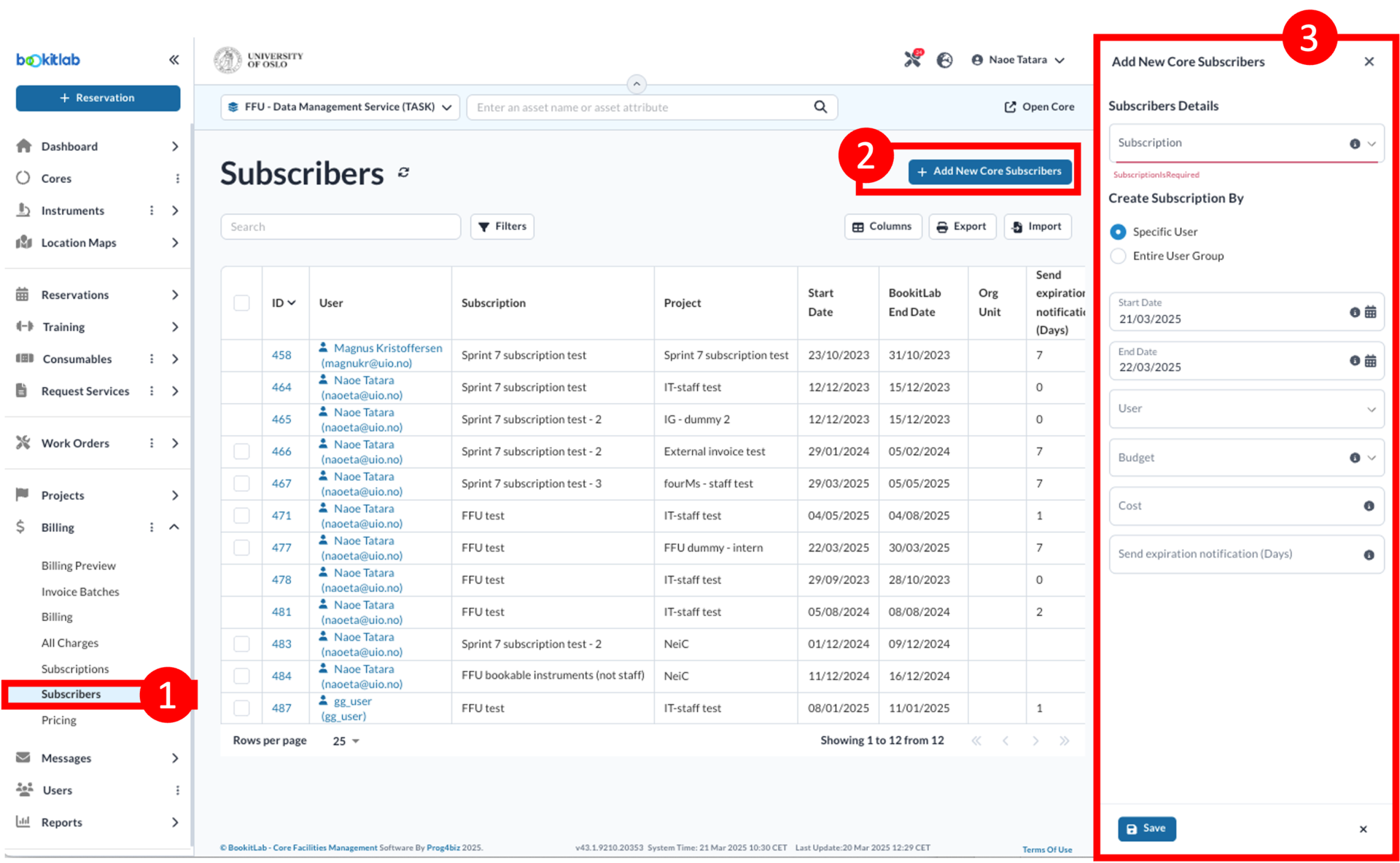 I navigasjonsmenyen på venstre side er BILLING valgt og Subscribers i under-menyen er merket som trinn 1. + Add New Core Subscribers knappen øverst til høyre er merket som trinn 2. Redigerings panel om abonnent på høyre er merket som trinn 3.