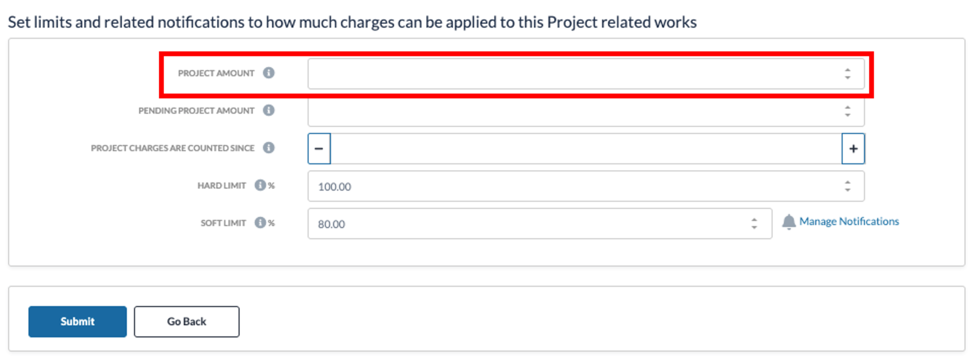 Project amount felt vises øverst under "Set limits and related notifications to how much charges can be applied to this Project related works"-seksjonen