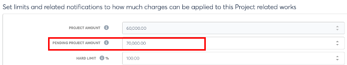 PENDING PROJECT AMOUNT field is marked with the new amount. The Project Amount field is disabled and cannot be changed directly.