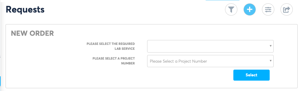 Skjermdump av en "New Order" som viser to felter; "Please select the required lab service" og "Please select a project number" og "select" knapp nederst. 