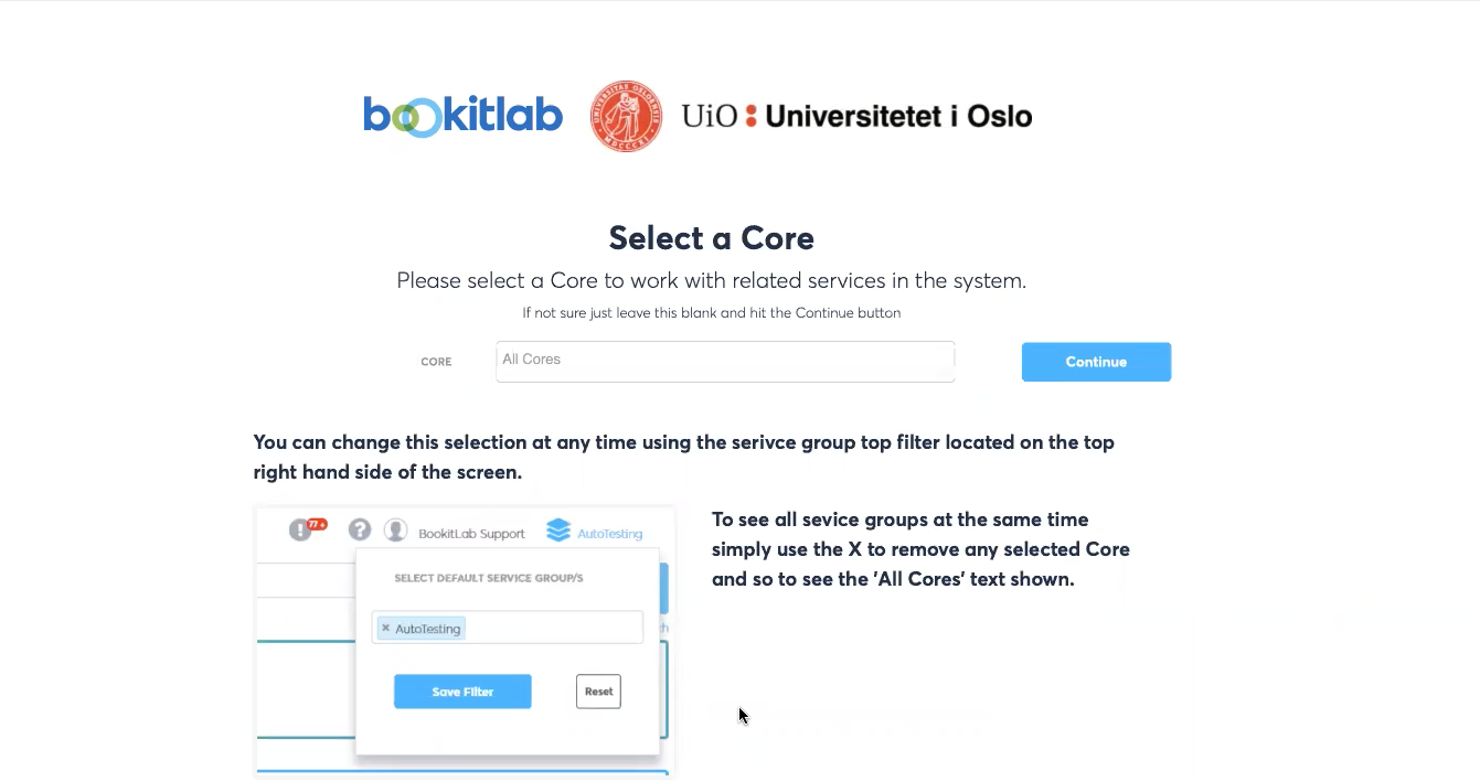 BookitLab grensesnitt viser et tomt felt der man kan klikke på å få liste av "core" til å velge og "Continue" knapp for høyre til feltet.