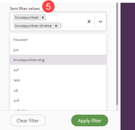Skjermbilde fra adminpanelet - hvor en setter filteret for din enhet i Sent filter values