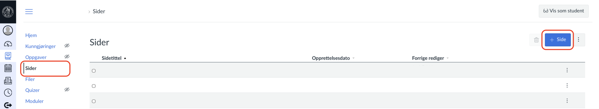 Bilde fra Canvas, rød ring rund valget "sider" fra sidemenyen