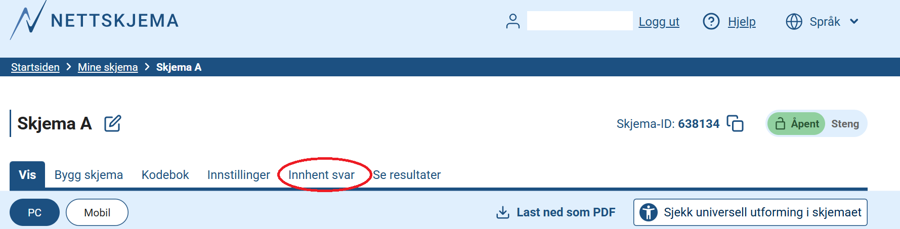 Nettskjema-grensesnitt med rød sirkel rundt "Innhent svar"