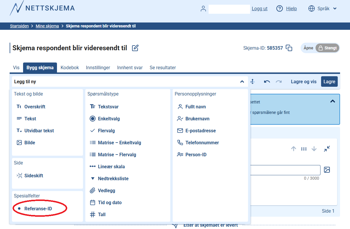 Nettskjema grensesnitt med rød sirkel rundt "Referanse-ID"