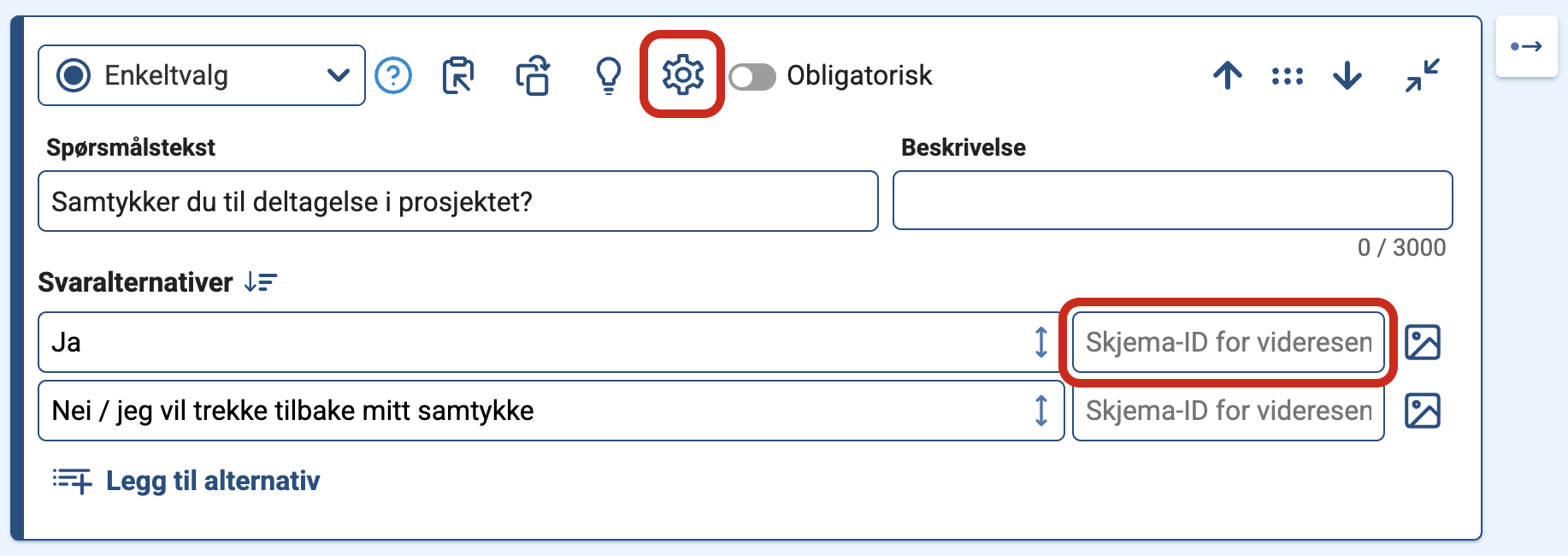 Bildet viser et utsnitt av et spørsmål av typen enkeltvalg, med rød ring rundt tannhjulet for innstillinger, og ring rundt feltet for videresending til nytt skjema.