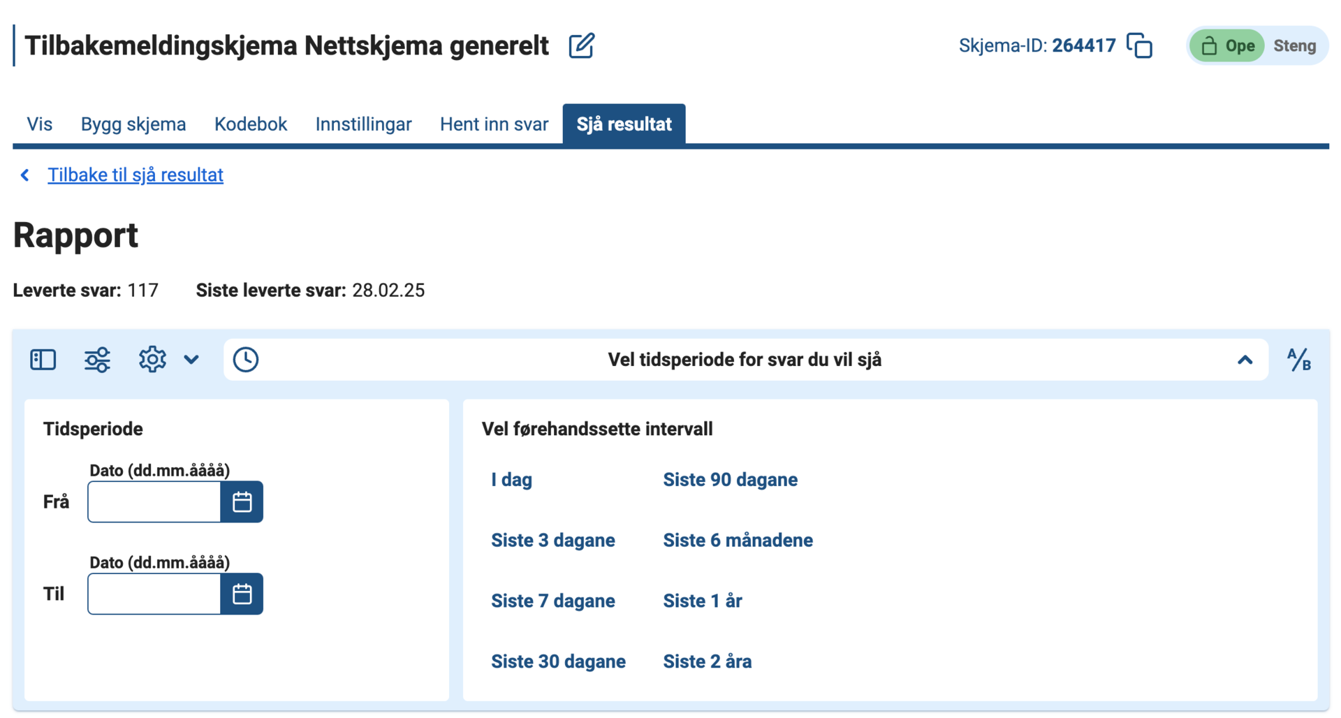 Bilde som viser hvordan dato-filtrering på svar settes opp i Nettskjema