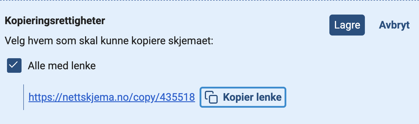 Viser innstillingen med boks for å skru av og på deling av lenke