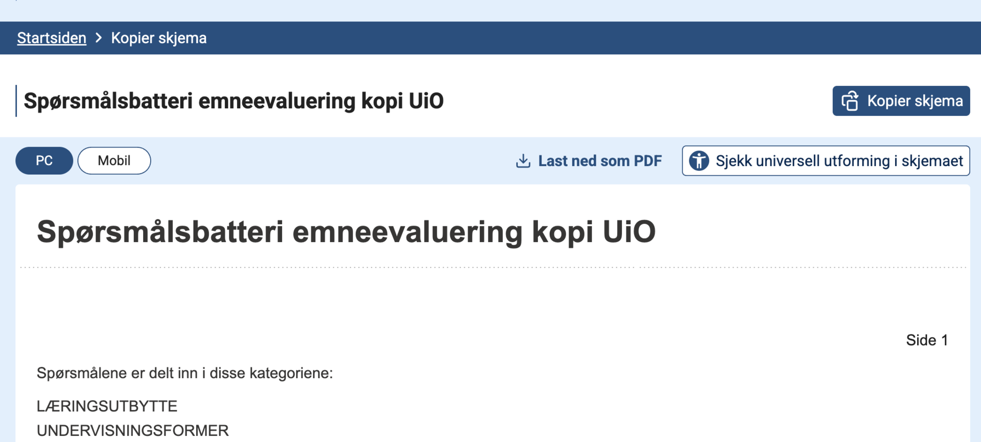 Skjermbildet av et skjema som kan kopieres opp