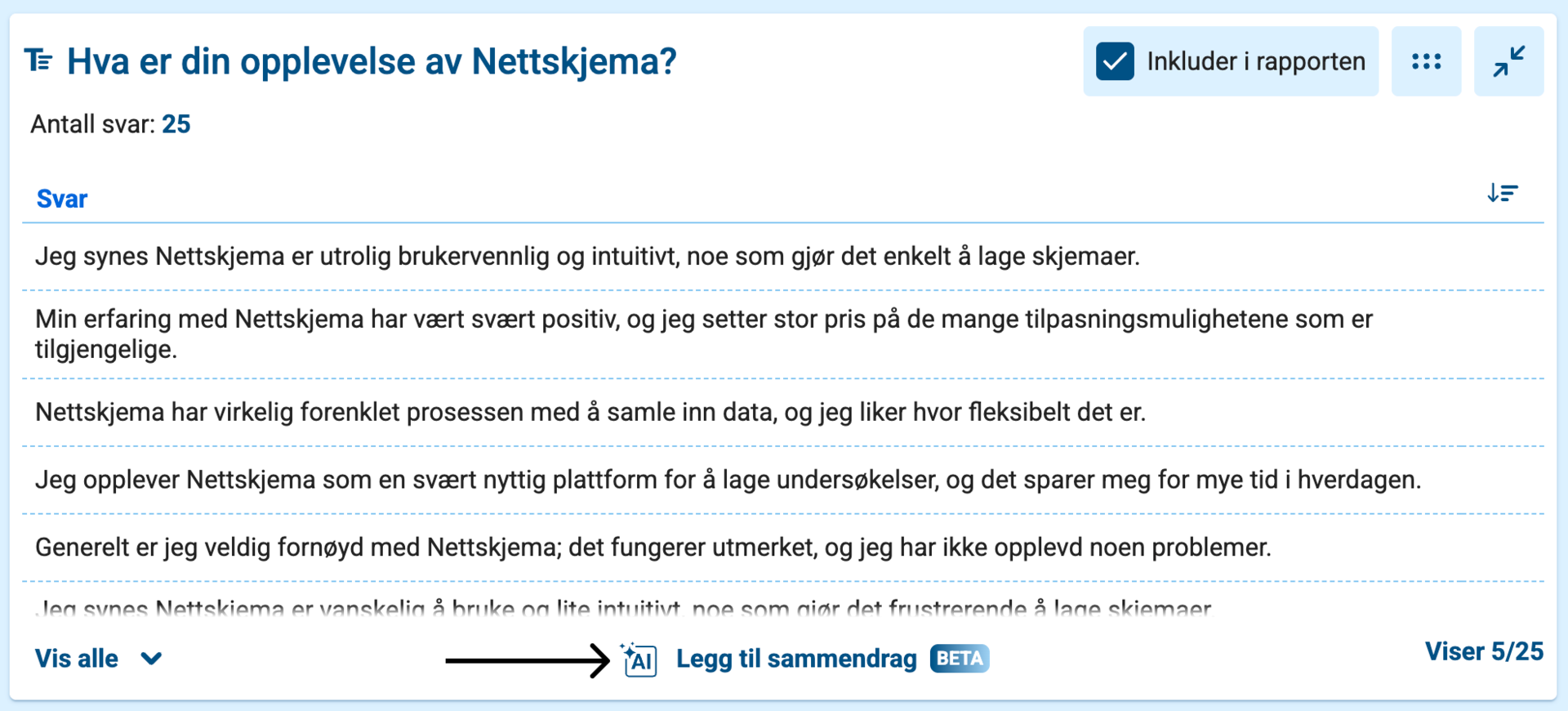 Viser plasseringen av knappen for å legge til sammendrag med KI, nederst på midten av fritekstsvar-spørsmålelementete