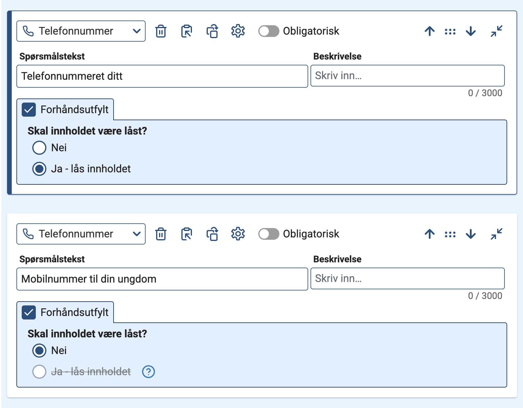 Skjermbildet av to felter for telefonnummer der en er forhåndsutfylt. 