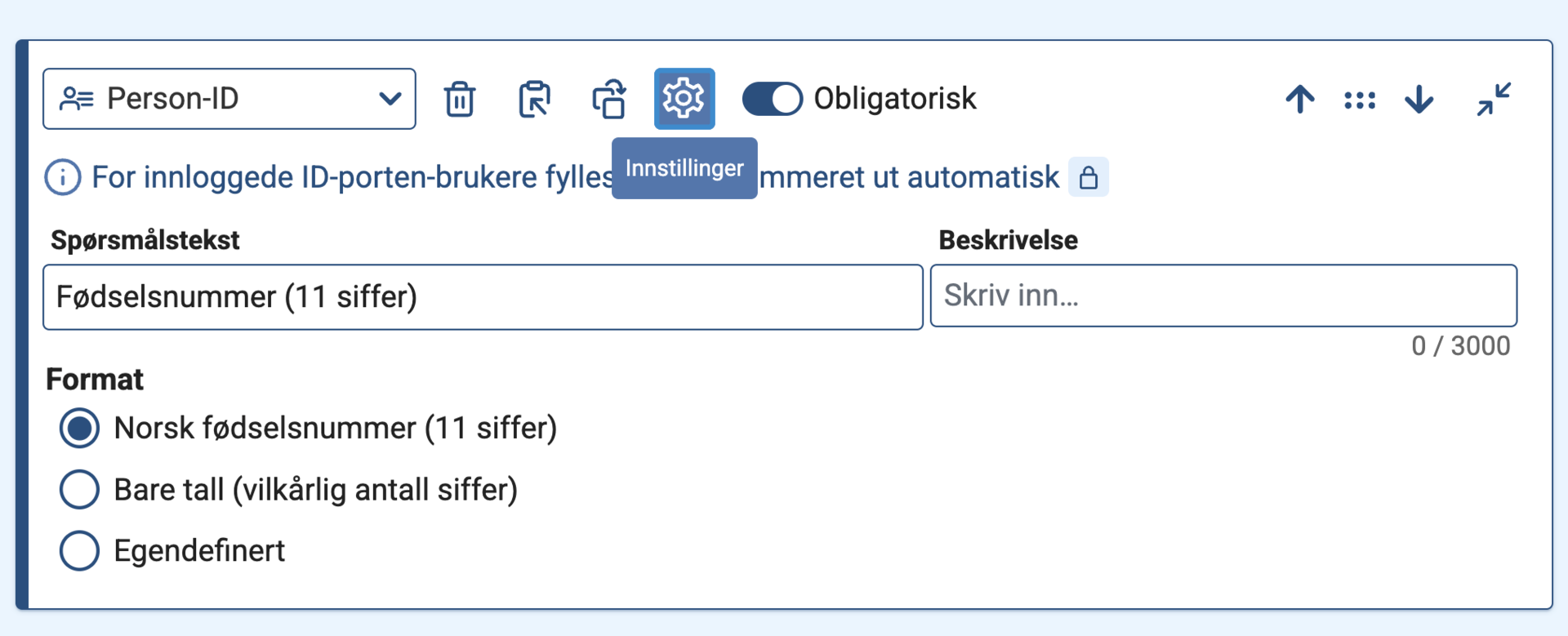 Viser spørsmålelementet person-ID i byggeren. Fokus er på ikonet for innstillinger.
