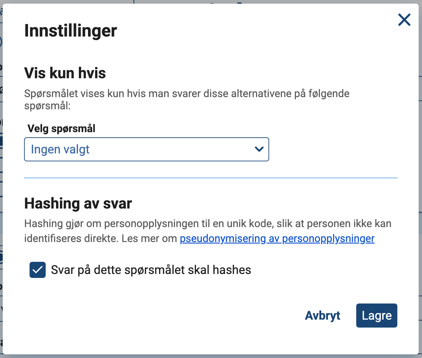 Innstillinger for spørsmålselement. Nederst vises innstillingen for hashing. 