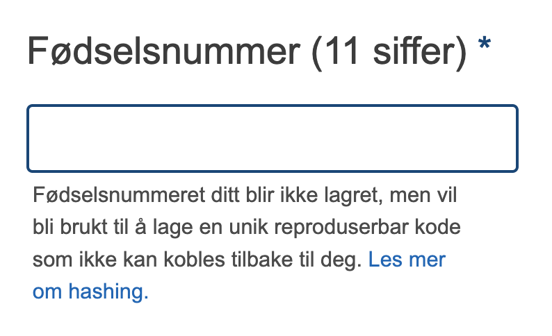 Viser fødselsnummerfelt med tekst under