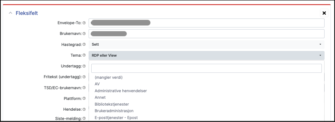 Skjermbilde av et custom field i RT med flere valg