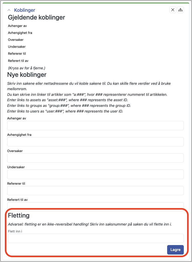 Utsnitt av koblinger i RT med rød markering rundt feltet for fletting av saker