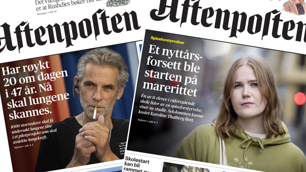 Bilde av to Aftenpostenforsider. En med mann som røyker og en med alvorlig ung kvinne. 