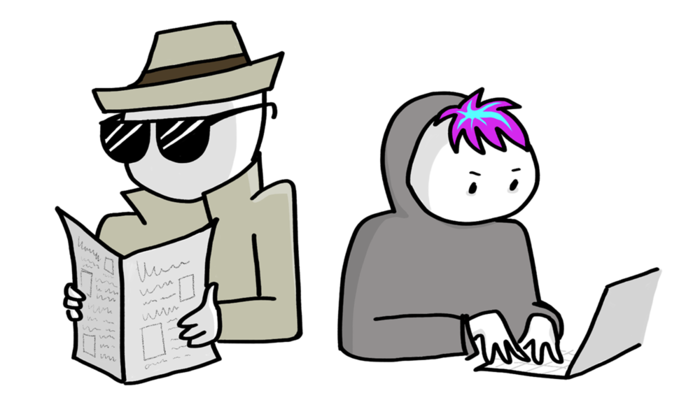 Tegning av to personer. En skummel person med hatt og spionbriller som leser avis. En er hacker med hettegenser og PC.