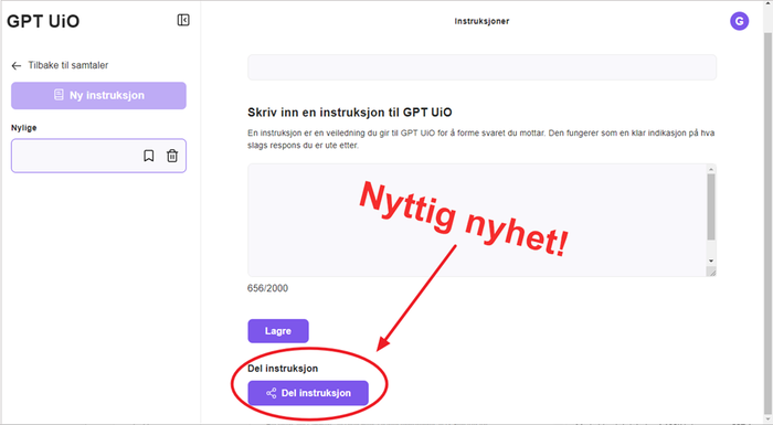 Skjermbilde fra gpt uio med pil mot den ny knappen for deling av instruksjoner. Teksten Nyttig nyhet og pil mot knappen.