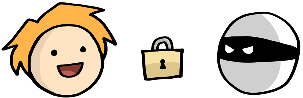 Drawing of a smiling face and a face with a villain mask, with a closed padlock in between