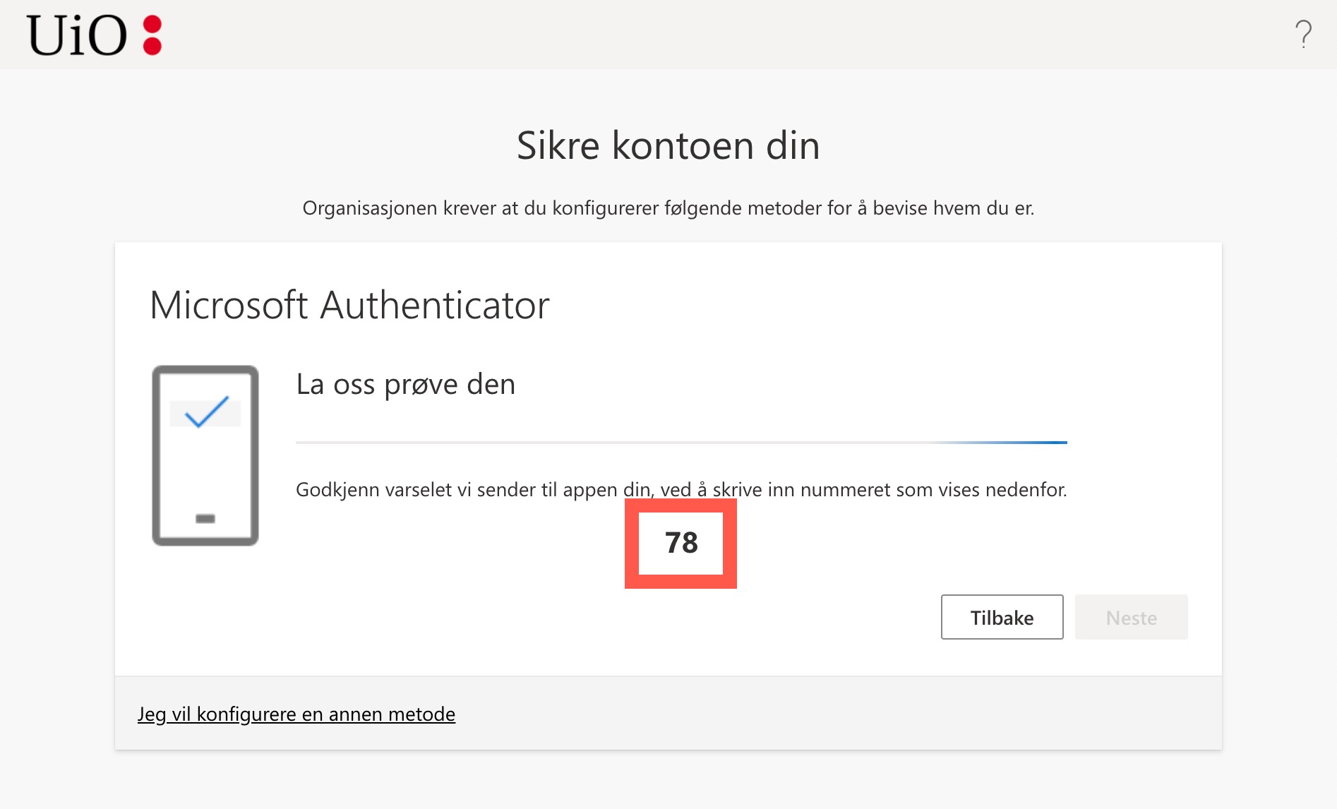 Skjermbilde av veileder for tofaktorautentisering oppsettet - verifiser oppsett med number matching