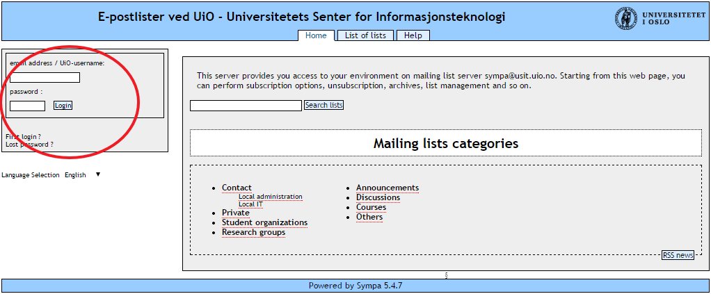 Screenshot of Sympa with the login fields in the top left corner