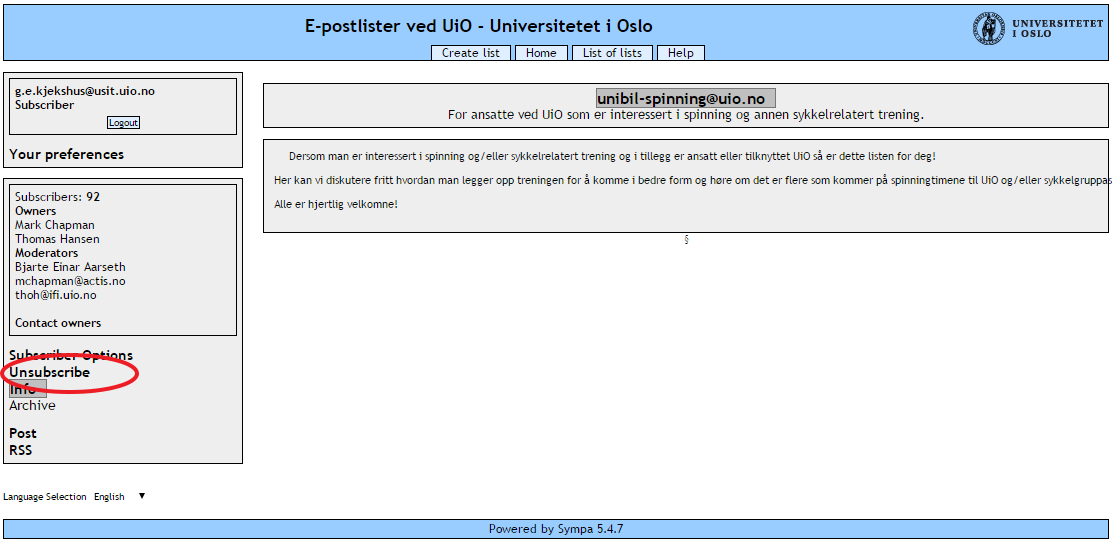 Screenshot of Sympa and the unsubscribe option in the column on the left