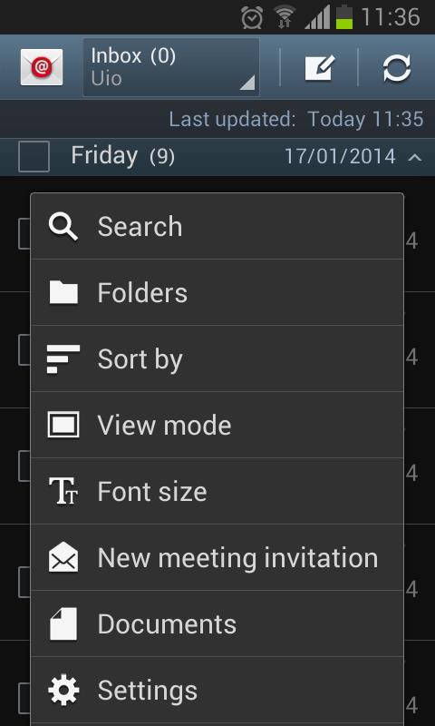 Android-meny med settings/innstillinger