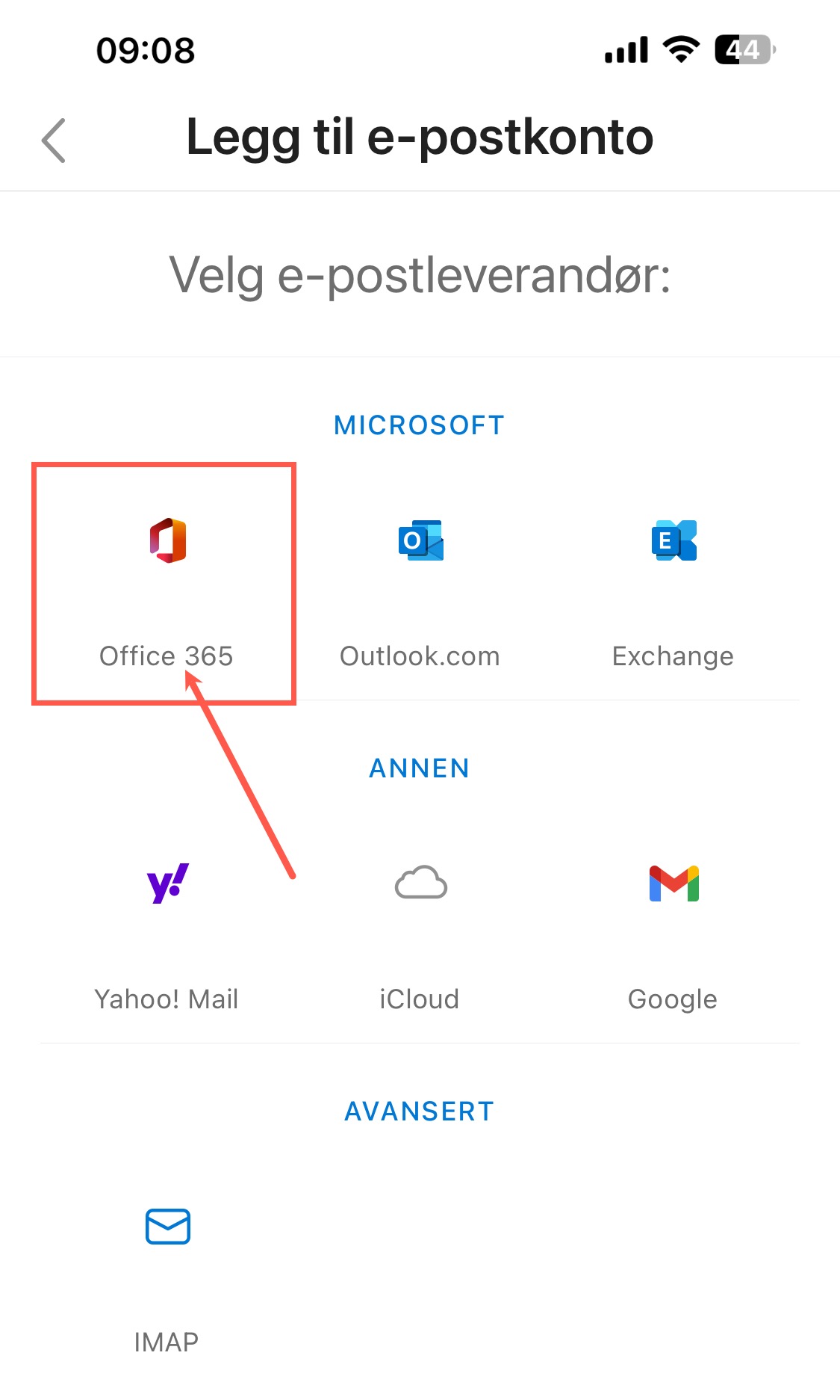 Skjermbilde velg forhåndsoppsatt oppsett av epost og kalender i Office 365