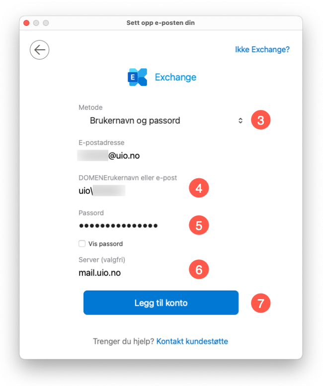 Skjermbilde Outlook Mac: Veiviser manuelt oppsett av e-postkonto