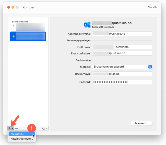 Skjermbilde Outlook for Mac: Sett opp Ny konto...