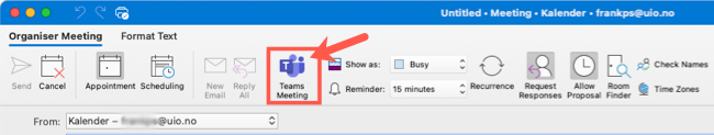 Skjermbilde av kalender i Outlook med Teams-knapp