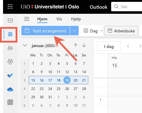Skjermbilde av knappen Nytt arrangement i OWA