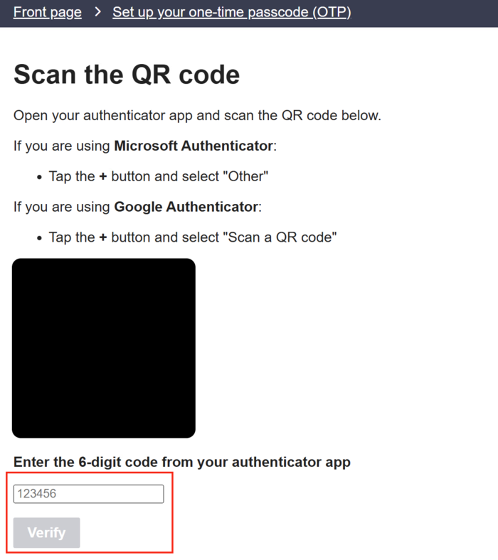 Screenshot of OTP confirmation