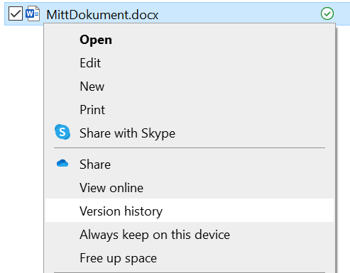 Version history i nedtrekksmenyen
