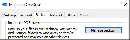 Velg arkfanen Backup - Manage backup