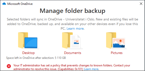 Feilmedlingen "Your IT administrator has set a policy that prevents changes to known folders"