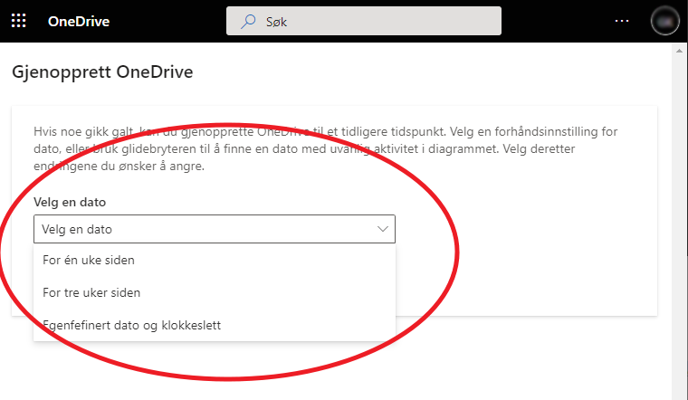 Meny for valg av dato for gjenoppretting