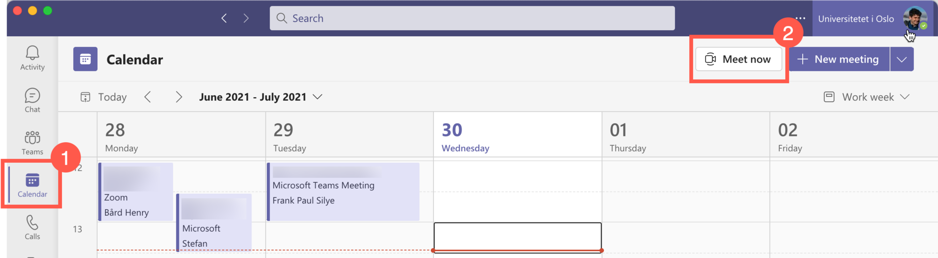 Skjermbilde av Meet Now-knappen i Teams kalender