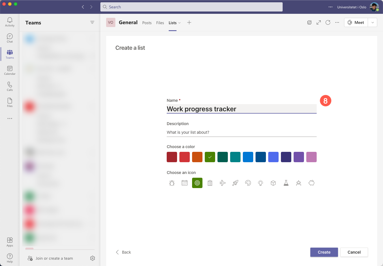 Screenshot of Teams: give the list a fitting name and description